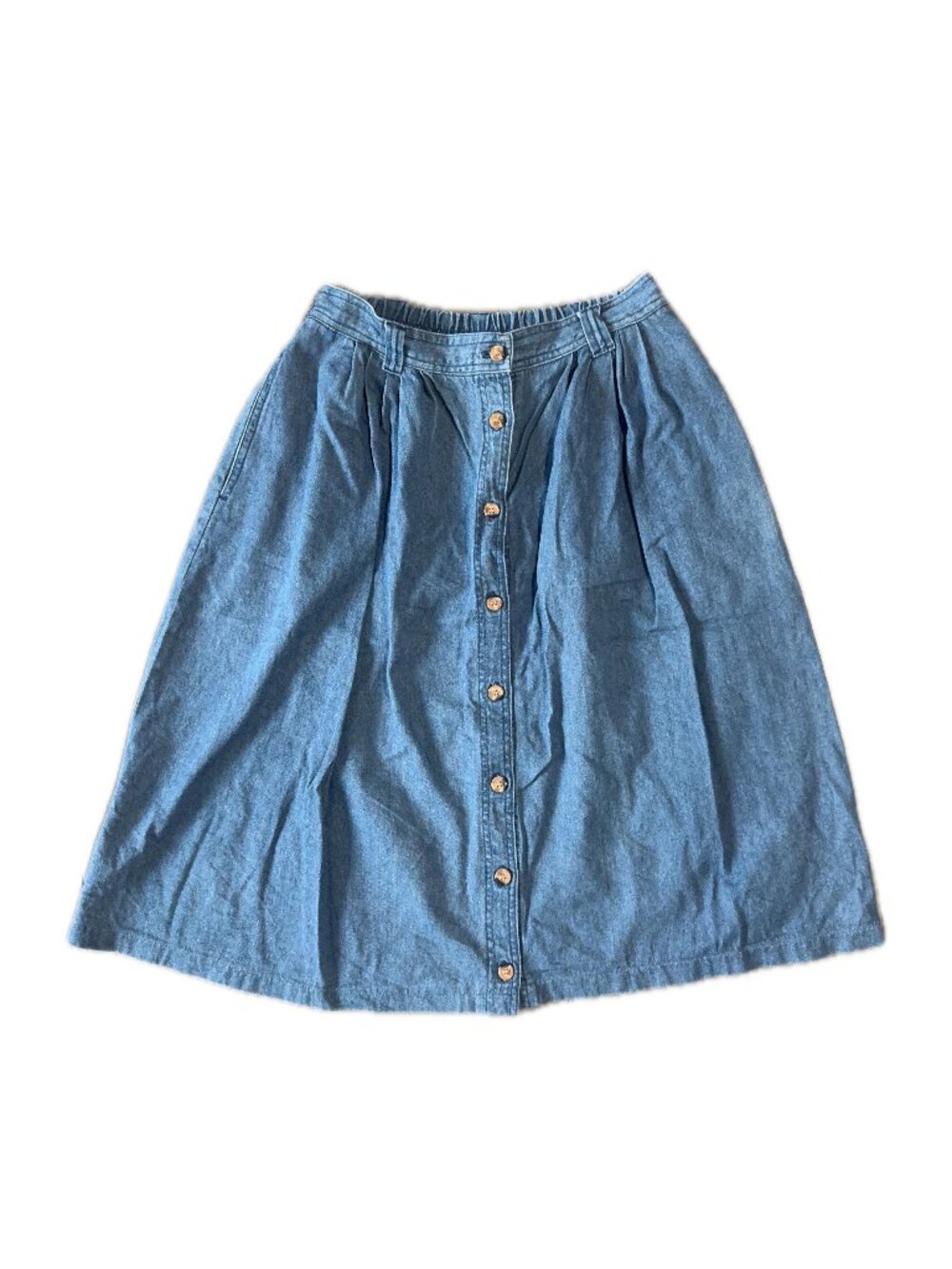 Blue Denim Button Front Midi Skirt High Waist A-Line
